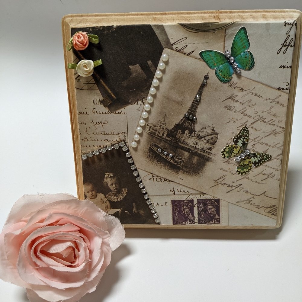 HANDMADE. Mixed Media 3D Collage On Wood. Unusual Gift. Eiffel Tower.